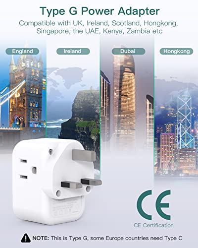 2-Pack US to UK Ireland Travel Plug Adapter, Addtam Type G Power Outlet Adapter with 3 AC Outlets and 3 USB, Travel Essentials for USA to Dubai Scotland British London England Hong Kong Irish