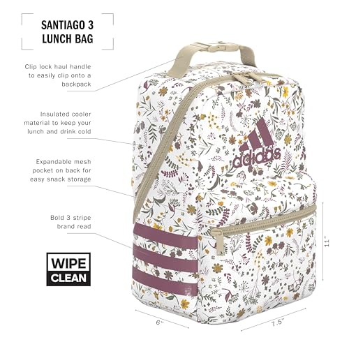 adidas Santiago Insulated Lunch Bag (6.5L) with clip lock handle, Woodland Floral Chalk White/Wonder Orchid Purple, One Size