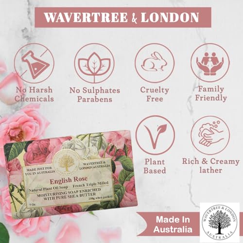 Wavertree & London English Rose Scented Natural Soap (2 Bars), 7oz Moisturizing French Triple Milled Soap Bars enriched with shea butter - Pure Plant Oil Bath & Body Soap for All Skin Types