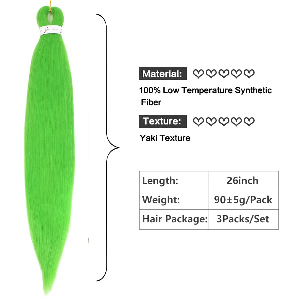 Pre-stretched Green Braiding Hair 26 Inch 3Packs Braiding Hair For Braids, Yaki Texture Crochet Hair Box Braids Hot Water Setting Synthetic Braiding Hair Extensions(26inch, Green)