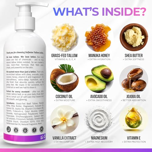 Beef Tallow Body Lotion with Magnesium & Shea Butter - Lightweight, Fast-Absorbing Body Cream with Avocado Oil & Vitamin E - Non-Greasy Moisturizer for Dry, Sensitive Skin - Daily Hydration, 4oz