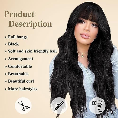 HAIRCUBE Black Wig with Bangs for Women Long Wavy Hair Wig Black Wig Curly Wavy Synthetic Wigs for Girls Daily Party Use