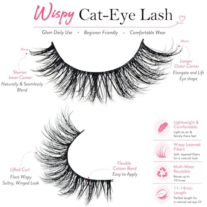 QUNETY Cat Eye False Eyelashes - Wispy Lash Strips for Daily Glam
