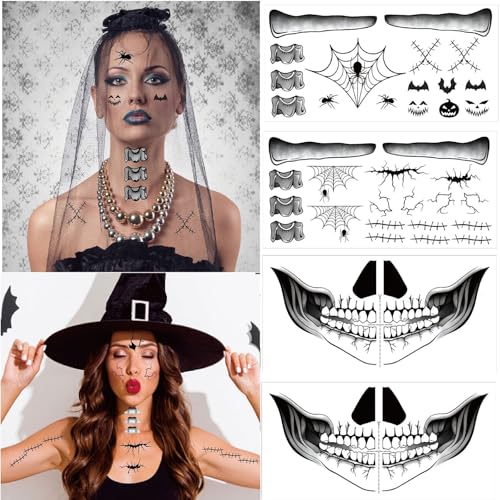 8 Sheets Halloween Temporary Face Tattoos | Skeleton & Scar Designs