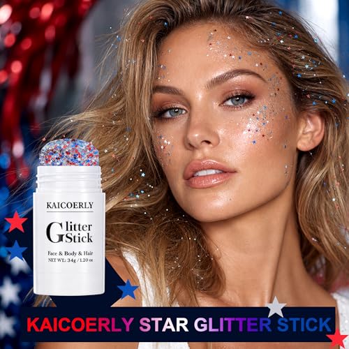 Star Face Glitter Stick - Red White Blue Holographic Sequins