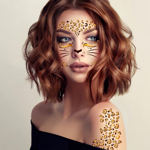 Leopard Print Face Temporary Tattoos - 4 Sheets Halloween Costume