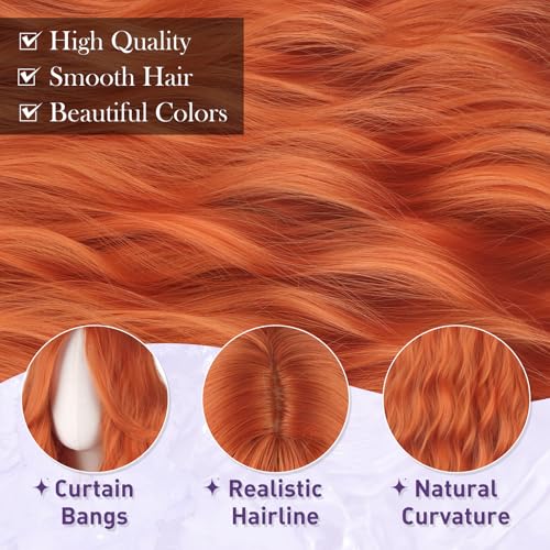 Haloo 26-Inch Red Auburn Wavy Wig with Curtain Bangs for Women