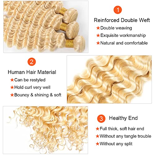 613 Blonde Deep Wave Human Hair Bundles 18" 3-Pack