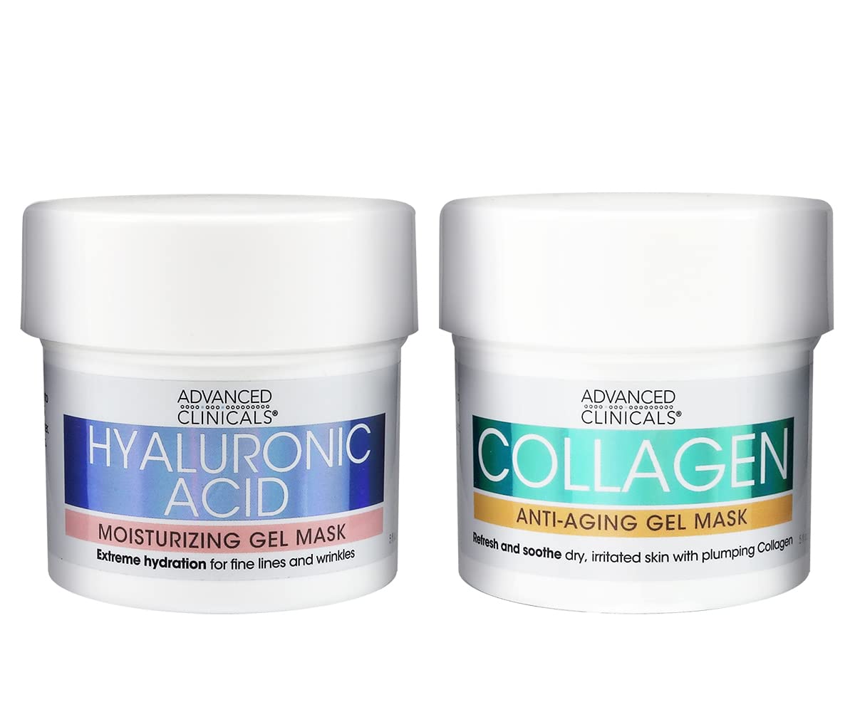 Advanced Clinicals Collagen Anti Aging Gel Mask W/Coconut Oil & Rosewater + Hyaluronic Acid Moisturizing Gel Mask W/Soothing Chamomile 2-Pack Skin Care Set. Hydrating Facial Skincare Mask Bundle