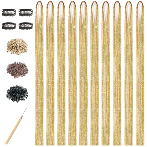 Rootoo Gold Hair Tinsel Kit 10 Pcs Fairy Hair Extensions for Girls & Women