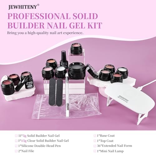 JEWHITENY 12 Colors Non-Sticky Solid Builder Gel Kit with Mini UV Lamp