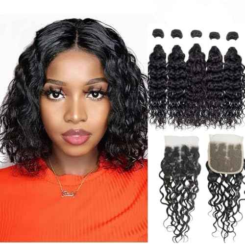 Brazilian Water Wave Bundles With Lace Closure - Wet and Wavy Human Hair 5 Bundles (50g/bundle) With 4x4 Free Part Closure - Deep Curly (8/8/8/8/8+8" Closure)