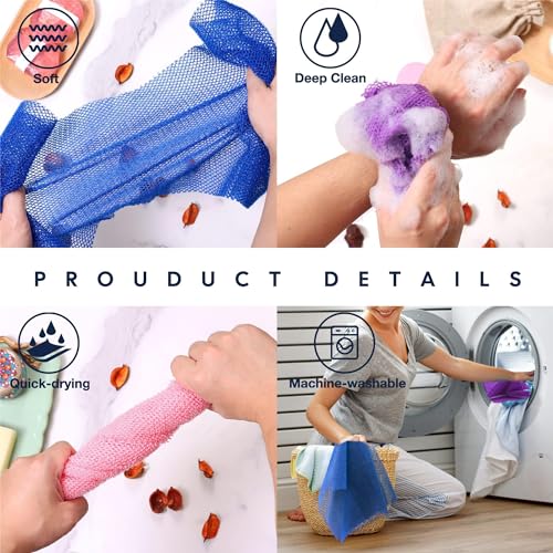UJFQBH 3-Piece African Bath Sponge Set - Long Net Exfoliating Body Scrubber in Brown, Blue, Purple