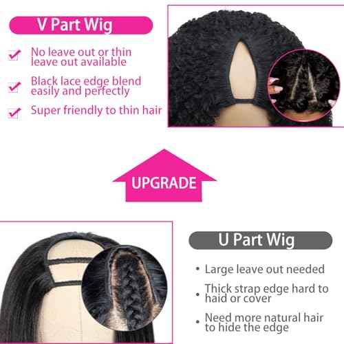 Afro Kinky Curly Human Hair Wigs Upgrade V Part Wigs With Drawstring,200% Density Wear And Go Glueless Wig Human Hair Full Head Clip Ins Half Wig(26 Inch,Natural Color)