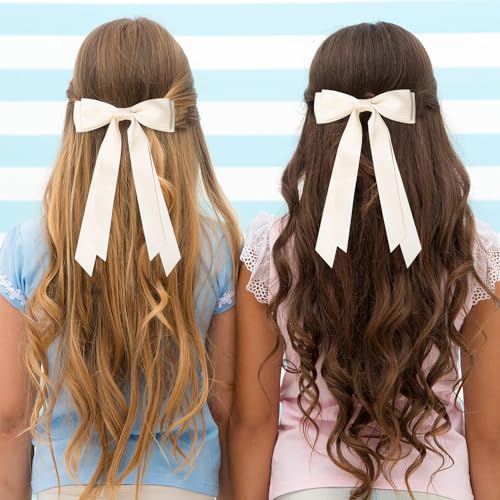 2PCS Silky Satin Hair Bows Ribbon Hair Clips, Fall Alligator Hair Pins, Ponytail Holder Accessories Sides Metal Hair Bow Barrettes Hair Accessories for Women Girls Kids (Pink+Beige)