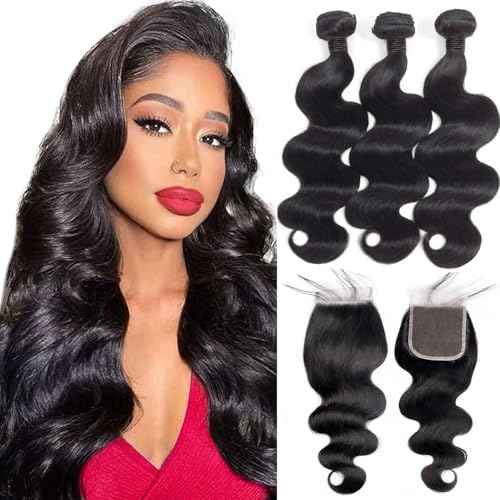12A Body Wave Bundles with Closure Human Hair 16 18 20+14 Inch Unprocessed Virgin Brazilian Human Hair Bundles With 4x4 Lace Closure 3 Bundles With 4x4 HD Lace Closure