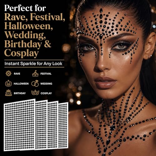 1608Pcs Black Face Gems Stickers Self-Adhesive Rhinestones 3-6mm