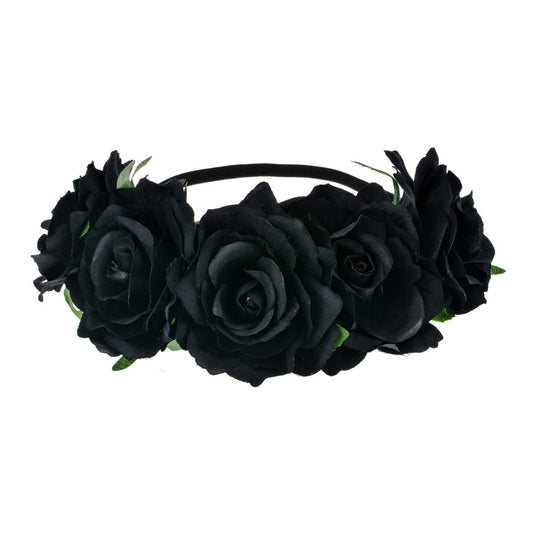 June Bloomy Rose Floral Crown Garland Flower Headband Headpiece for Wedding Festival (Black)