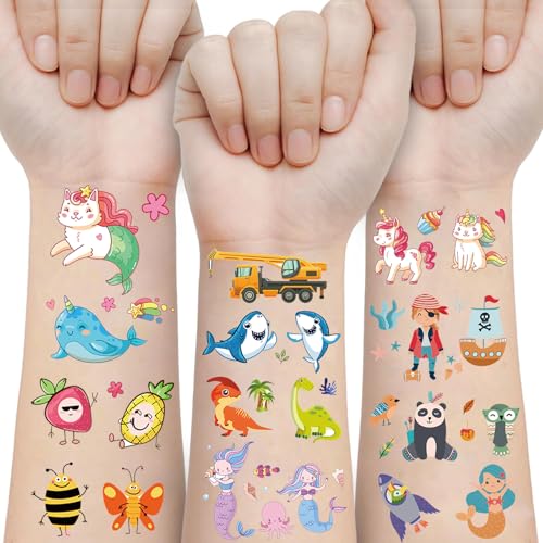 120Pcs Temporary Tattoos, Mixed Styles Cute Cartoon Waterproof Body Art Fake Tattoo Stickers Decorations, Butterfly Dinosaur Pirate Mermaid Birthday Party Favor Supplies