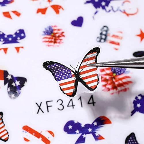 Independence Nail Art Sticker - 8 Sheets 4th July Nail Stickers 3D Self Adhesive Nail Art Decoration Red Blue Flag Eagle Heart Lip Nail Design for Acrylic Nail