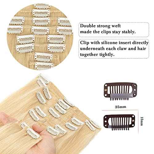 Clip in Hair Extensions Real Human Hair 100% Brazilian Virgin Human Hair 70g 8pcs Per Set with 18Clips Double Weft Clip in Human Hair Extensions (20 Inch, #613 Bleach Blonde)