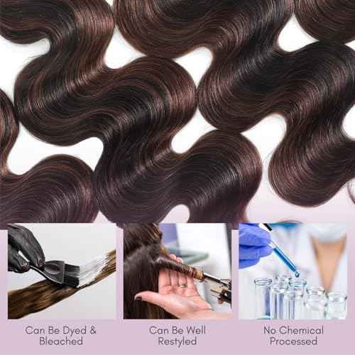 12A Brown Body Wave Bundles Human Hair 22 Inch, 100% Virgin Brazilian Real Hair Wavy Weave Color #F2/4 Rich Dark Brown with Chestnut Ombre Highlights Human Hair Single Bundles Thick Track Sew in
