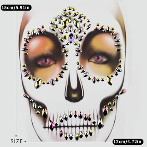 Halloween Sugar Skull Face Gems Jewels Skull Temporary Rhinestone Face Tattoo Day Of The Dead Face Decal Tattoo Stickers For Halloween Festival Rave Party Festival Accessories (Black Gold)