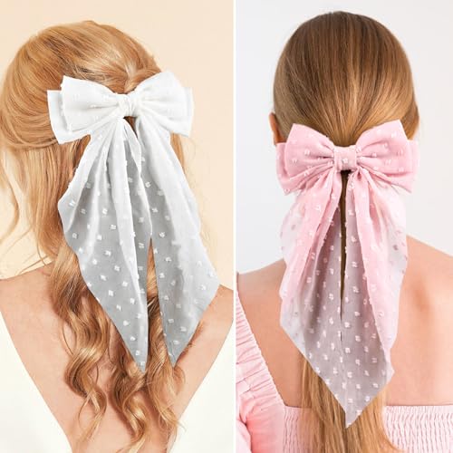 Large Hair Bows for Women,CEELGON 4 PCS Big Bow Clips for Girls French Barrette Bowknot with Long Tail for Women(White,Beige, Light Pink,Black)