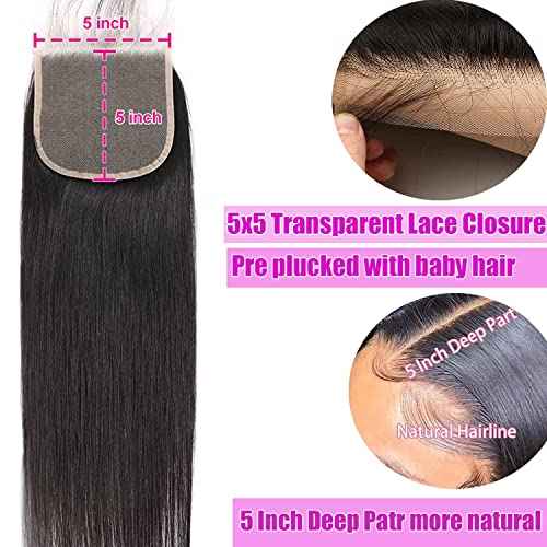 5x5 Straight Hd Lace Closure Human Hair 12A Real Transparent Lace Closure 5x5 Closure Virgin Remy Human Hair Frontal Closure Pre Plucked With Baby Hair Natural Black Color(20inch)