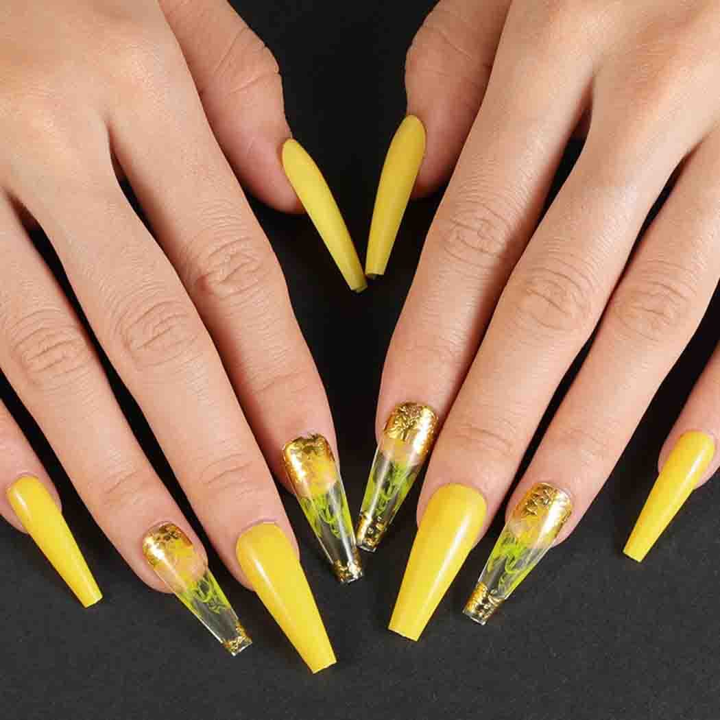 Outyua Glossy Smoke Pattern Fake Nails Coffin Yellow Extra Long Press on Nails with Design Ballerina Acrylic Super Long False Nails Designer Full Cover Artificial Nails for Women and Girls 24Pcs (Yollow)