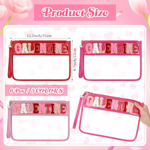 6 Pcs Galentine's Day Makeup Bags Gifts Bulk Chenille Letter Clear Zipper Pouch Waterproof Nylon Organizer for Women Girls Friends Ladies Valentine's Day Party Favors Decorations
