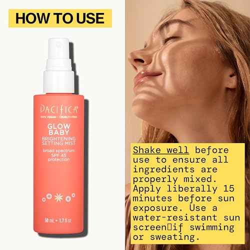 Pacifica Setting Spray Glow Baby Brightening Mist, Broad Spectrum SPF 45, UVA/UVB Protection, Blue Light Protection, Facial Mist, Suncare, Skin Care, Vegan, 1.7 fl oz (1 Count)