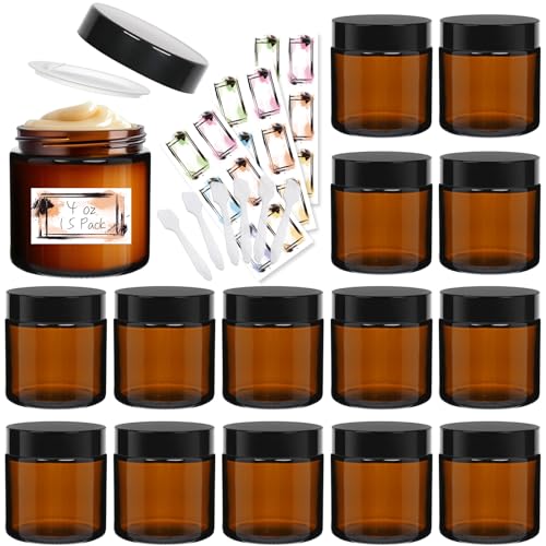 15 Pack 4 oz Glass Jars with Lids, Amber Refillable Containers with Inner Liners - Empty Cosmetic Jars with Labels & Spatulas for Makeup Lotion Candles Jam Storage