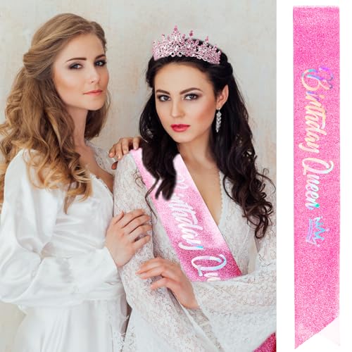 Pink Queen Tiara Crown with Sash for Women Girls Birthday Party Accessories
