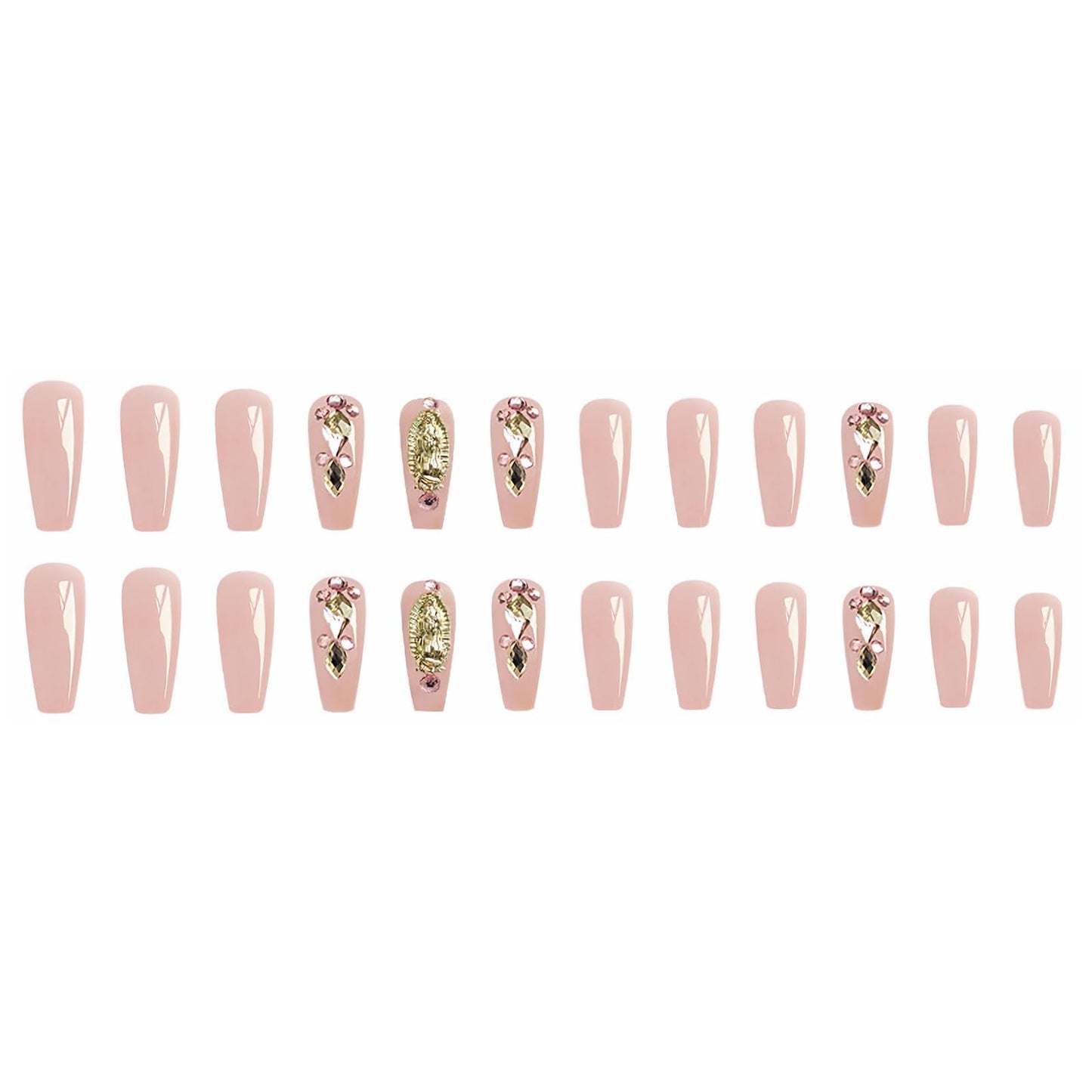 MERVF Coffin Press on Nails Long Fake Nails Rhinestones Press ons Glue on Nails with Design Ballerina Luxury Nude Acrylic False Nails Glossy 24pcs