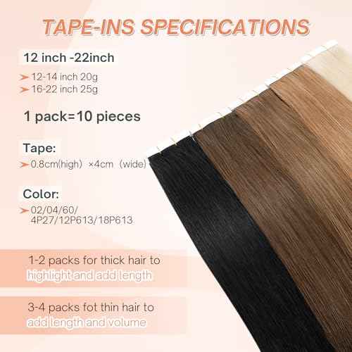 Benehair Tape in Hair Extensions Human Hair, Dark Brown Remy Hair Extensions Straight Human Hair Tape in Extensions Invisible 10pcs 20g 14 inch
