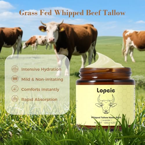 Beef Tallow for Skin - Organic Grass Fed Whipped Moisturizer with Honey Balm, Natural Hydrating Cream for Face & Body, Relief for Dry & Sensitive Skin (4.23oz, Lavender)