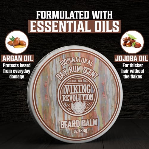 Viking Revolution 4 Beard Balm Variety Pack (1oz Each) - Sandalwood, Pine & Cedar, Bay Rum, Clary Sage - Styles, Strengthens and Softens Beards and Mustaches - Wax for Men (Pack of 2)