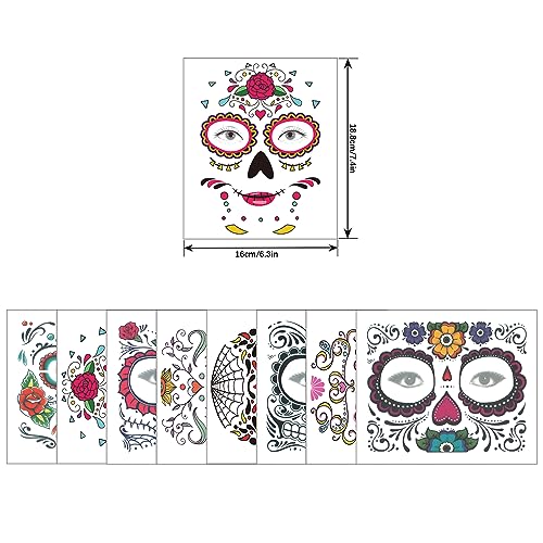 Day of the Dead Face Tattoos, 8 Sheets Sugar Skull Temporary
