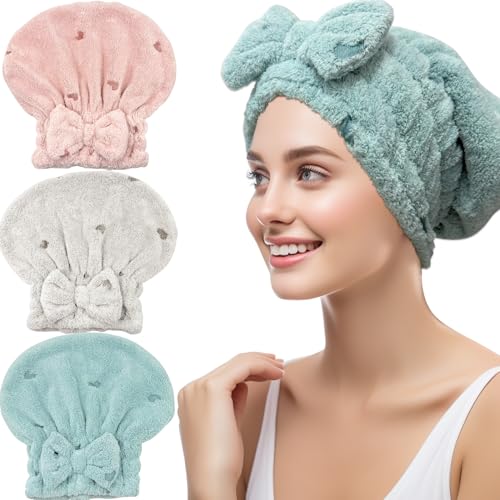 Jseng 3-Pack Microfiber Hair Towel Wrap with Bow
