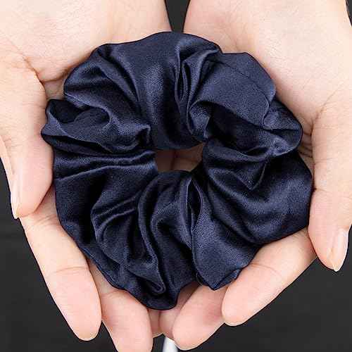 LILYSILK Silk Hair Scrunchies for Frizz & Breakage Prevention 100% Mulberry Silk Hair Ties No Damage Elastic Silk Ponytail Holders, 1Pc, Navy Blue