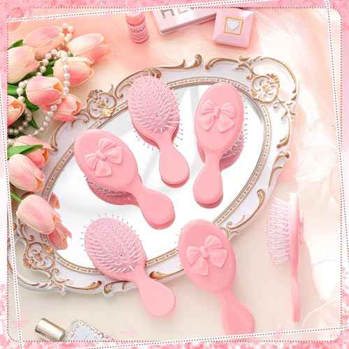 Meanplan 6 Pcs Mini Hair Brush Bulk with Bow Travel Detangling Brush Pink Coquette Small Hairbrush for Dry and Wet Hair Women Gift for Christmas Stocking Stuffers Party Favors(Pink)