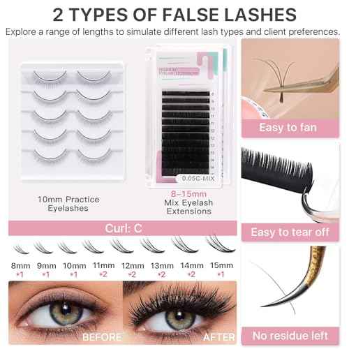 Lash Extension kit for Beginners, Eyelash Extension Kit with Mannequin Head, Lash Starter Kit with Everything Eyelash Glue USB Fan Cosmetology Esthetician Supplies for Practice Training