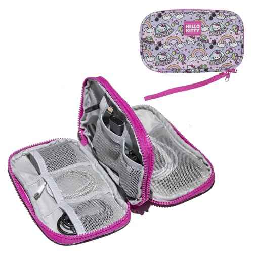 Bioworld Hello Kitty Flying Saucer Print 4" Pink & Purple Tech Cable Organizer Travel Case