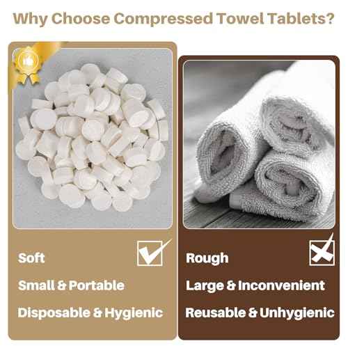 100 Compressed Towel Tablets - Disposable Face Washcloths Fast Drying Lightweight for Adult Camping Hiking Facial Mini Makeup Wipe Coin Tissues Travel Hotel Cleaning Supplies