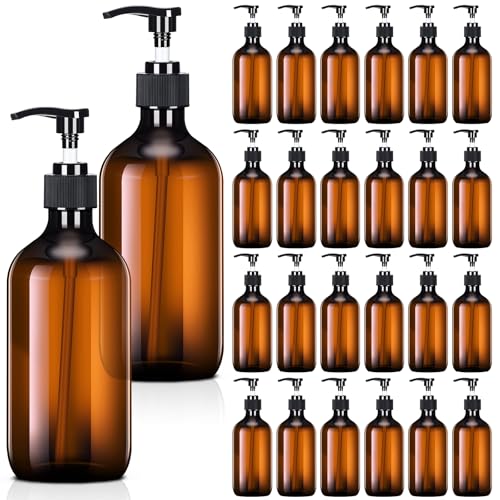 Tessco for you 24 Pcs Amber Soap Dispenser Empty Plastic Pump Bottles Refillable Shampoo Container for Hand Sanitizer Soap Lotion Body Wash Conditioner Bathroom Kitchen Travel, 8.45oz