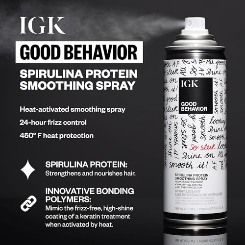 IGK Good Behavior Smoothing Spray 12 oz | Anti-Frizz Heat Protectant with 450¡ÆF Protection | Keratin-Like Finish for Sleek, Shiny Hair | Lightweight, Vegan & Color Safe