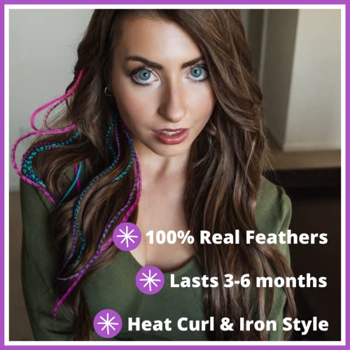Feather Hair Extensions Kit - Pink, Purple & Turquoise 9-12" with Beads