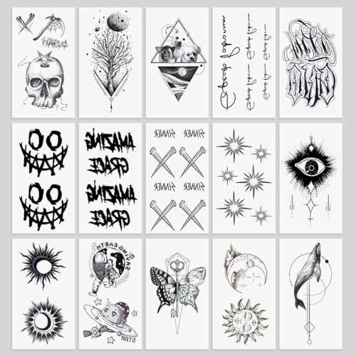 15 Sheets Waterproof Temporary Tattoo Stickers Tiny Cute Halloween Skull Whale Eye Bone Face Words Sun Moon Totem Arm Hand Pattern Perfect for Parties, Events and More