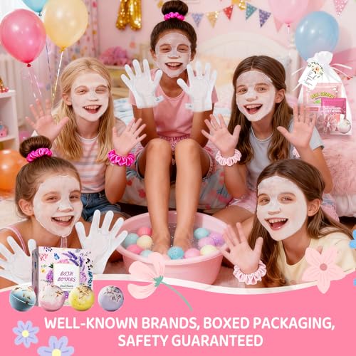 60PCS Spa Party Favors Kit Include Face Masks Skincare,Hand Masks,Lip Mask,Under Eye Patches,Lip Balm,Foot Bath Bombs,Hand Cream,Spa Sleepover Party Supplies for Christmas
